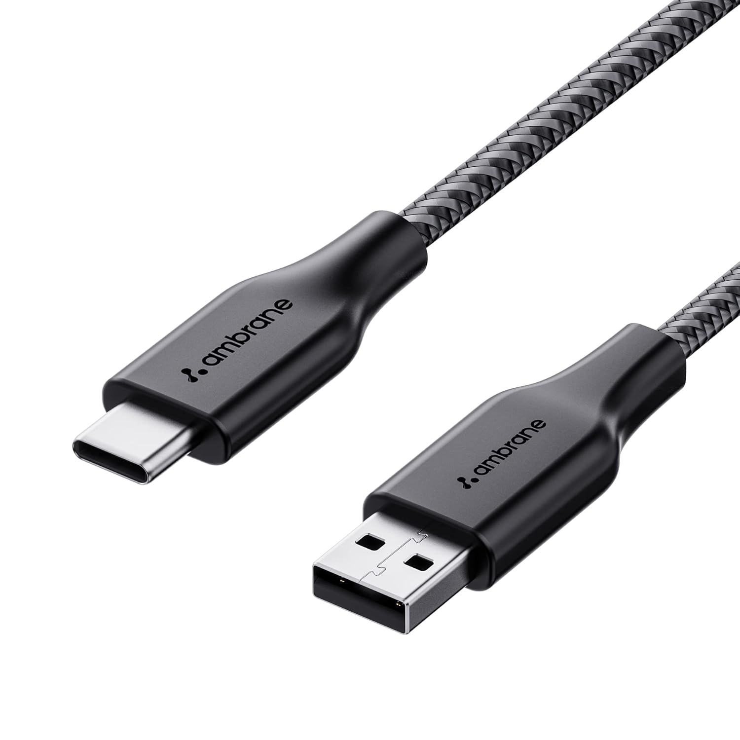 Ambrane Unbreakable 3A Fast Charging 1.5m Braided Type C Cable for Smartphones, Tablets & other Type C devices, 480Mbps Data Sync, Quick Charge 3.0 (RCT15A, Black)