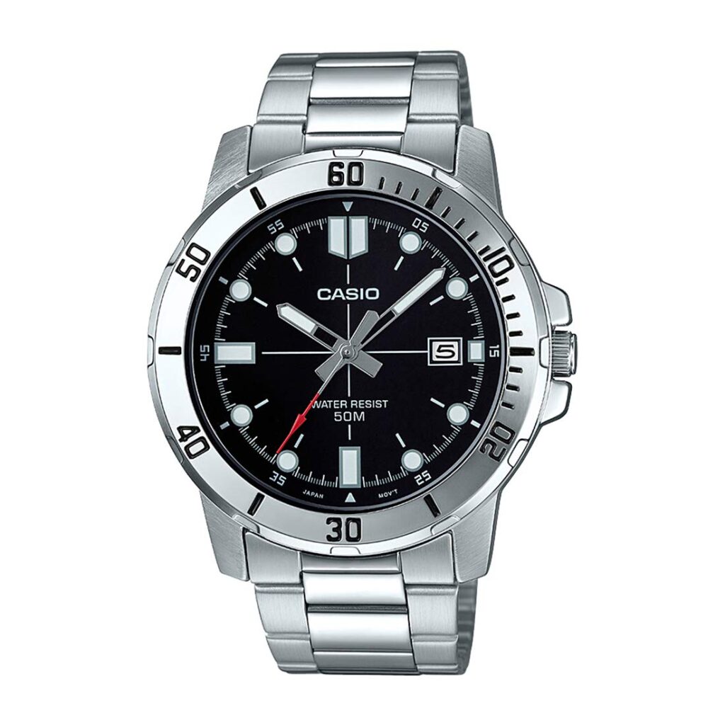 Casio Enticer Analog Black Dial Men’s Watch (MTP-VD01D-1EVUDF, A1362, Silver)