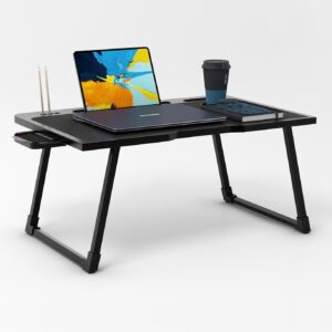 Cubiker Engineered Wood Multipurpose Foldable Laptop Table with Cup Holder | Table Home Study Writing Table, Foldable and Portable/Ergonomic Edges (Black – 60[L] X 40[W] X 24[H] Cm)