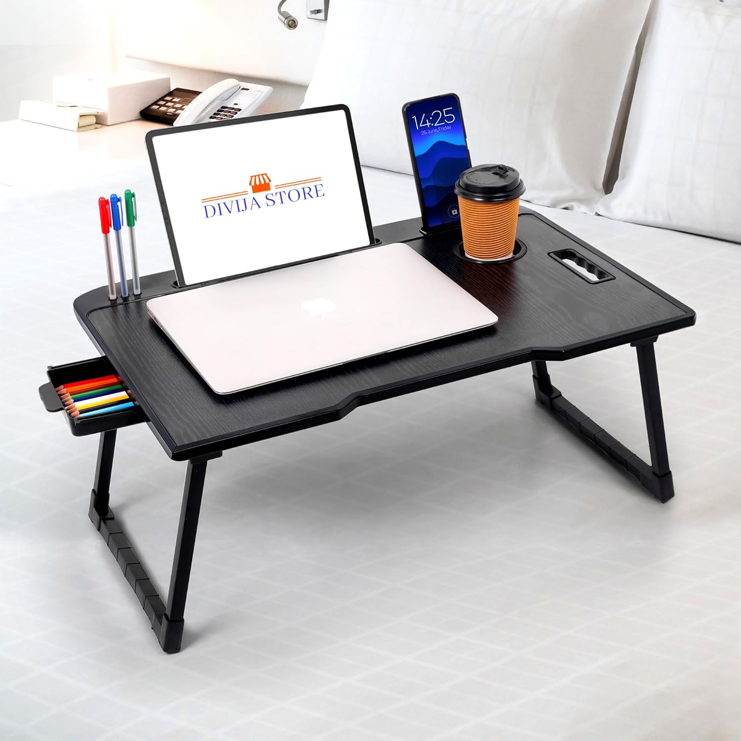 DIVIJA STORE Wood Smart Multipurpose Foldable Laptop Table with Cup Holder, Study Table, Bed Table, Breakfast Table, Foldable and Portable/Ergonomic & Rounded Edges/Non-Slip Legs (Black), 59 cm, 8 cm DIVIJA STORE Wood Smart Multipurpose Foldable Laptop Table with Cup Holder, Study Table, Bed Table, Breakfast Table, Foldable and Portable/Ergonomic & Rounded Edges/Non-Slip Legs (Black), 59 cm, 8 cm