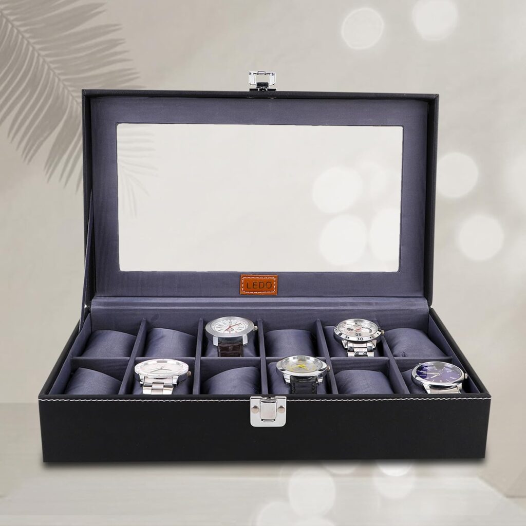 LEDO Men’s and Women’s Watch Box Holder Organizer Case In 12 Slots of watches In PU Leather with Black & Gray