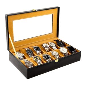 Watch Box Organizer – 12 Slot Display Case with Glass Lid, PU Leather, Soft Velvet Interior – Elegant Storage for Men’s & Women’s Watches, Jewelry & Accessories – Gift-Ready Case, Black Watch Box Organizer – 12 Slot Display Case with Glass Lid, PU Leather, Soft Velvet Interior – Elegant Storage for Men’s & Women’s Watches, Jewelry & Accessories – Gift-Ready Case, Black