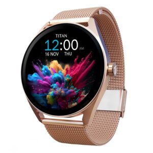 Titan Crest 1.43” AMOLED Smart Watch with BT Calling, AI Morning Briefs, Functional Crown, Health Tracking, Aluminium Body, 100+ Sports Modes, Smartwatch for Men and Women – Rose Gold Mesh Strap Titan Crest 1.43” AMOLED Smart Watch with BT Calling, AI Morning Briefs, Functional Crown, Health Tracking, Aluminium Body, 100+ Sports Modes, Smartwatch for Men and Women – Rose Gold Mesh Strap