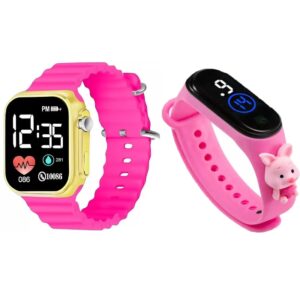Kids Waterproof Digital Ultra Band and Slim 3D Cartoon Day and Date Touch Display Watch for Stylish Boy & Girl’s Digital Watch Combo of 2 Watches (Pink)