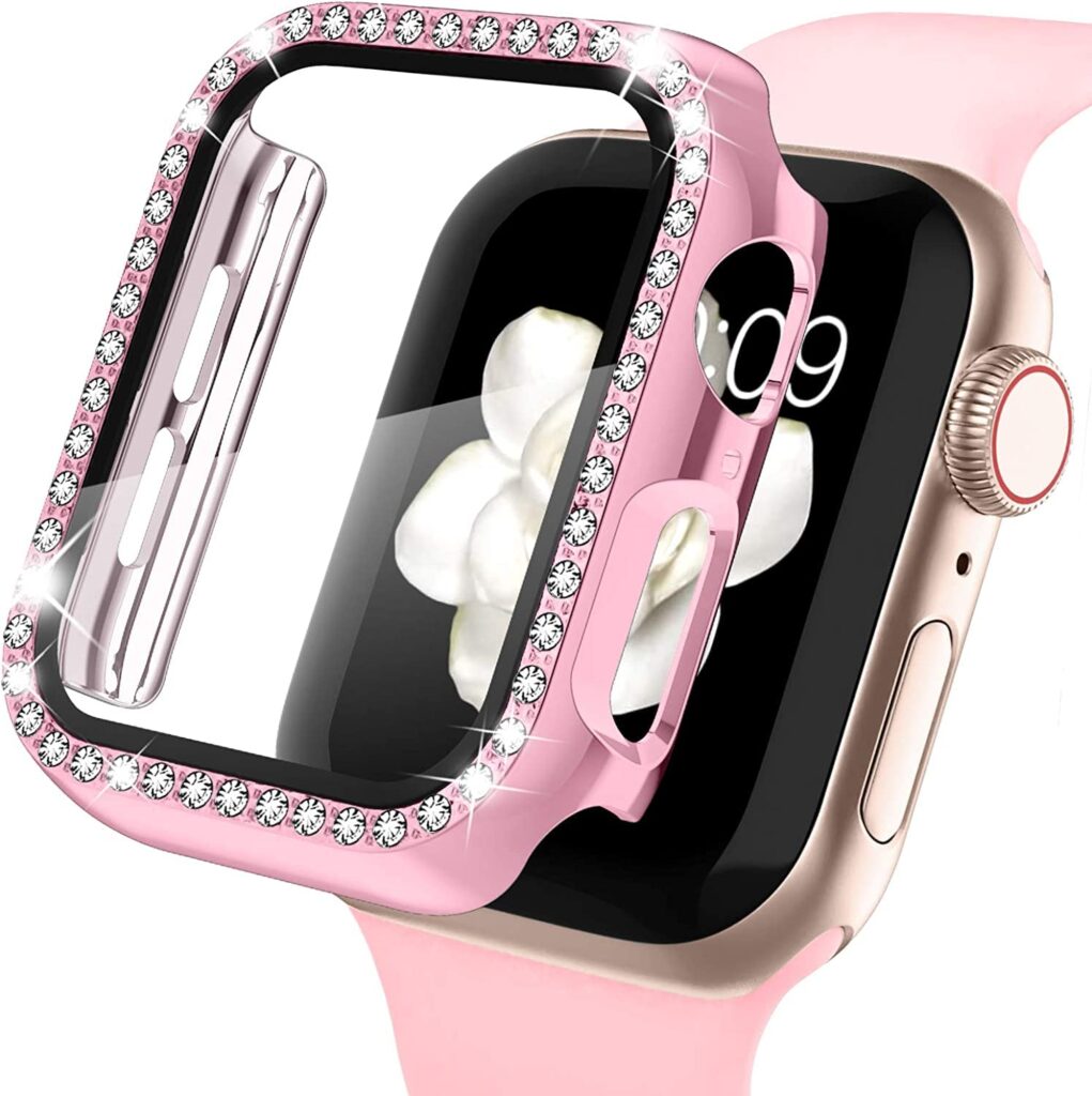 FOLX FAB25 Apple Diamond Watch Case with Glass Screen Protector Compatible with Apple iWatch Series 7/6/5/4/3/2/1/SE, Bling Crystal Diamond Rhinestone for Women Girls iWatch (45MM, Rose Pink)