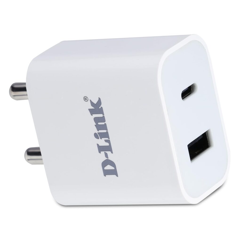 D-Link 20W Dual Port Fast Charger Type-C & USB-A for All Mobiles Phones, Tablets, Power Banks, Smart Watches, Earbuds Etc. Bis Certified, Compact Size & Easy to Carry. – White