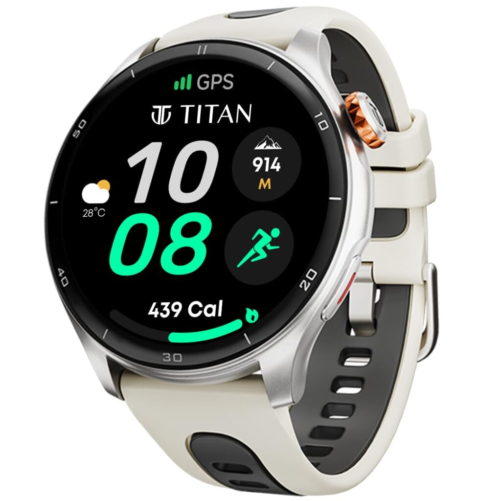 Titan Celestor 1.43″ AMOLED Smart Watch with Built-in GPS, Advanced Health Intelligence, AI Voice Assistant, Aluminium Case, 100+ Sports Modes, Water Resistance – Smartwatch for Men & Women (Beige)