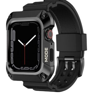 Amazon Basics Compatible with Apple Watch Band 44mm with Stainless Steel Case, Shockproof Military Rugged Men Sports TPU Strap Band with Protective Cover for iWatch SE Series 6 5 4, 44 mm – Silver