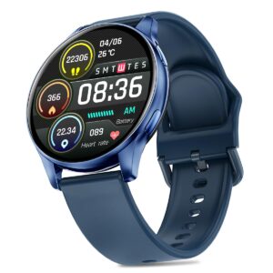 pTron Pulsefit Classic Smartwatch with Round 1.32″ Full Touch Display, Bluetooth Calling, 600 NITS, Metal Frame, 100+ Watch Faces, HR,SpO2, Sports Mode, Voice Assist, IP68 & 5 Days Battery Life (Blue)