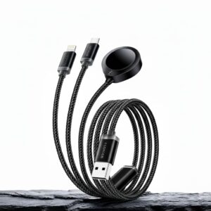ESSAGER 3-in-1 Charging Cable [1.2m] – USB-A to Type-C, Magnetic iWatch Charger & Connector Compatible with iPhone | Braided Multi Charging Cord for Apple Watch, iPad, and iOS Devices
