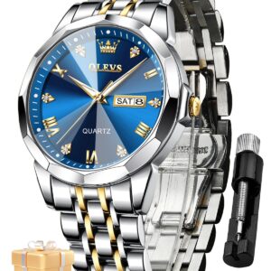 OLEVS Watch for Men Analog Quartz Dress Diamond Business Watches Two Tone Stainless Steel Waterproof Luminous Date Luxury Wrist Watch