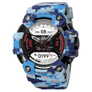 SKMEI Newly Launch Sport Smartwatch Full Touch Screen Dial, Zinc Alloy Frame ABS Case Men’s Watch, Blue Camouflage Band, Bluetooth Call, Blood Pressure SpO2, Heart Rate Monitoring -S231 (Blue CAMO)