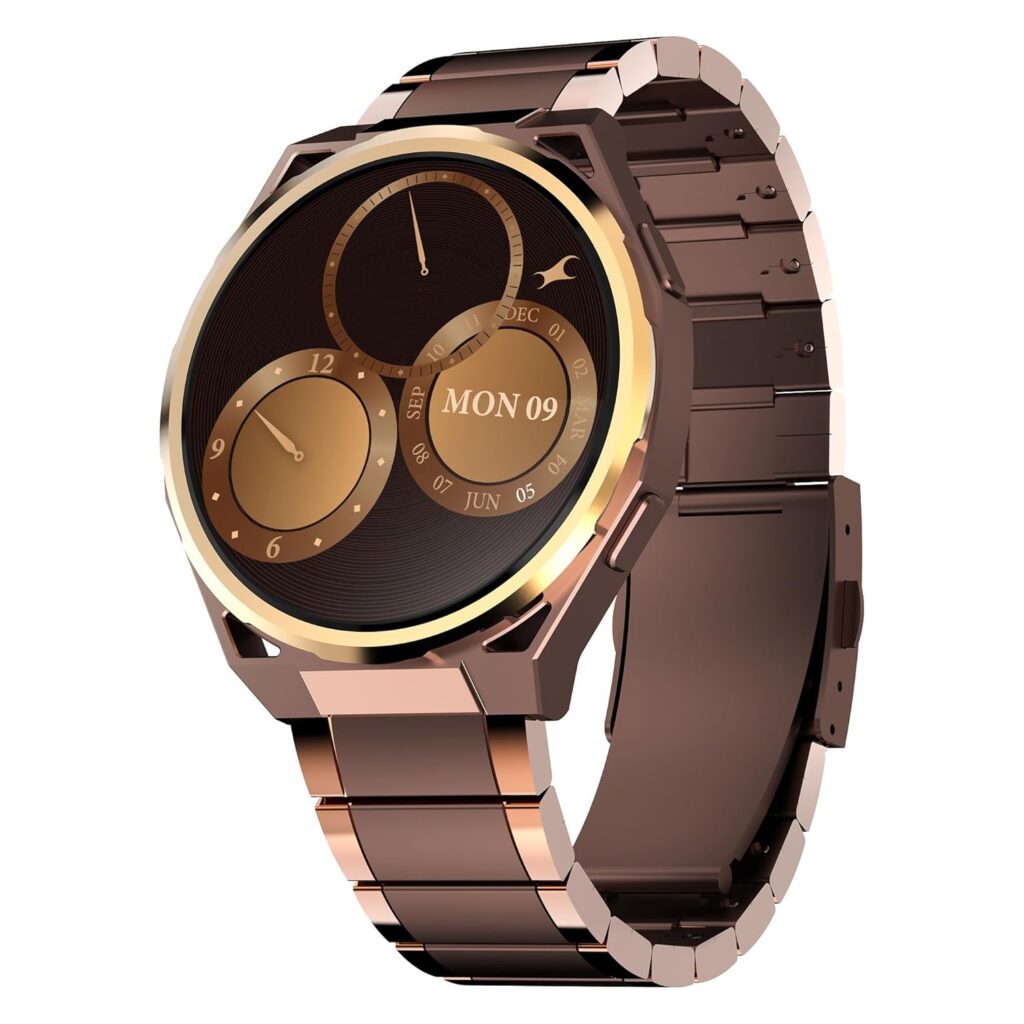 Fastrack Marvellous FX3 Smartwatch with 1.43” AMOLED Display, Metal Case & Strap, Slim 10.4mm Design, AI Watchfaces, BT Calling, HRM, SpO2 & Sleep Tracking, IP68, Additional Silicone Strap – Brown