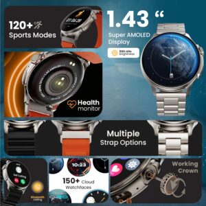 GOBOULT Crown R Pro Smart Watch 1.43”HD AMOLED, Bluetooth Calling, Working Crown,Zinc Alloy Frame,600Nits Brightness, AI Voice Assistant, SpO2 Monitoring, 120+Sports Mode (Jet Black)
