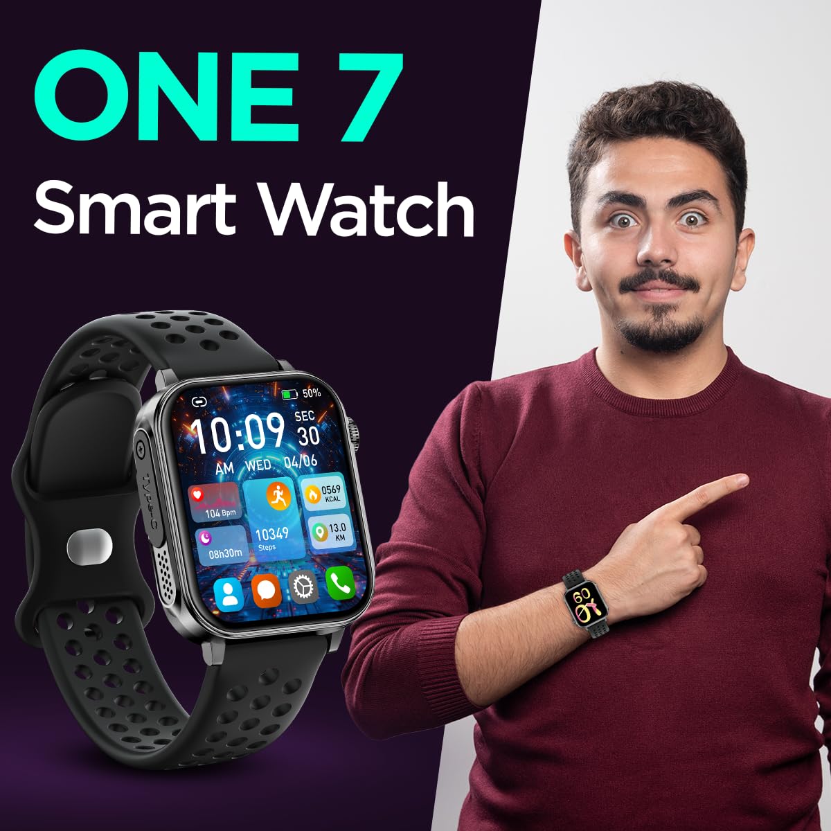 ONE 7 ON WATCH-07 Smart Watch for Men & Women | 1.85″ HD Display | Bluetooth Calling & Voice Assistant | Sports Modes | Waterproof Fitness Tracker | Heart Rate Monitor | Type-C Charging & Flashlight ONE 7 ON WATCH-07 Smart Watch for Men & Women | 1.85″ HD Display | Bluetooth Calling & Voice Assistant | Sports Modes | Waterproof Fitness Tracker | Heart Rate Monitor | Type-C Charging & Flashlight